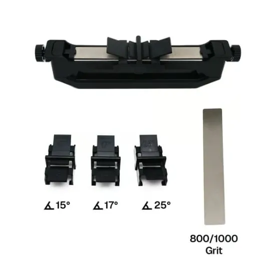 Guided Knife Sharpening System - Set A : 1× Sharpener holder base, 1× 800/1000 grit emery stone, 3× angle guide sliders (15°/17°/25°)